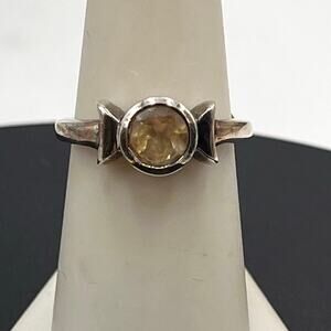 Designer Signed Sterling Silver Round Bezel Set Citrine Ring Sz 7.25
